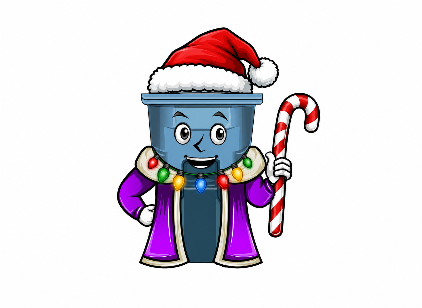 Can King mascot in a Santa hat holding a candy cane