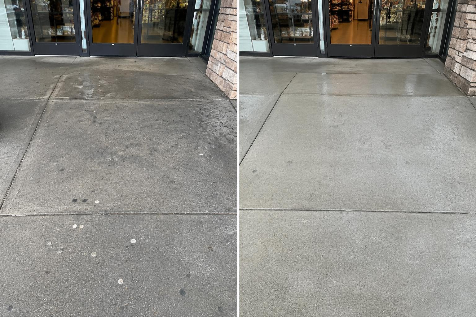 Sidewalk & storefront before and after pressure washing
