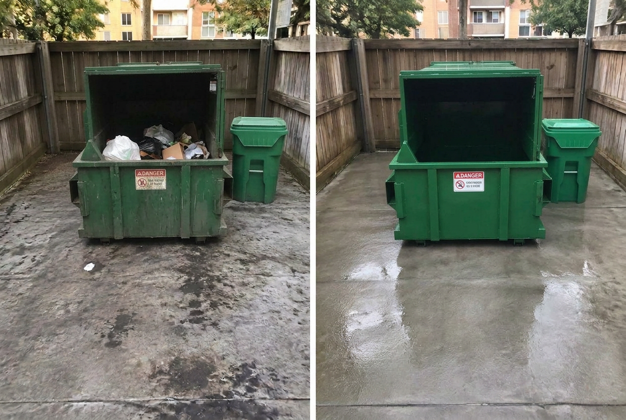 Trash corral before and after pressure washing